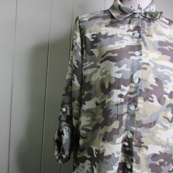 Living Doll Sheer Blouse Shirt M Button Up Camo Green Brown - Picture 5 of 12